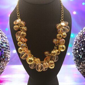 Retro Brass Tone Chain w/ Disco Ball and Peach Colored Beaded Necklace